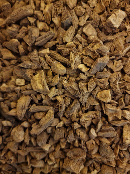 close up of dried and cut elecampane root, an loose herbal tea, herbal remedy from Botanical remedies herbal dispensary