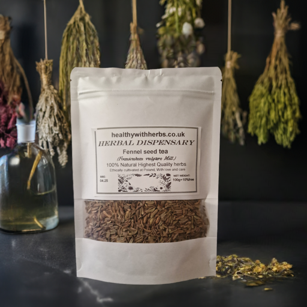 A resalable bag of Fennel seeds with a transparent window showing the seeds inside from Botanical Remedies Herbal Dispensary, an herbal remedy, loose herbal tea