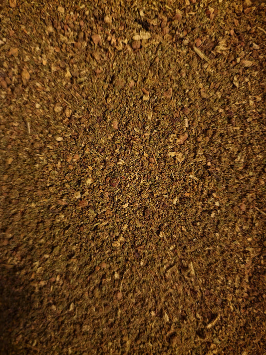 close up of blended and ground full spectrum Hawthorn berry, leaf and flower, an cardiotonic blend, herbal Remedy from Botanical Remedies herbal dispensary