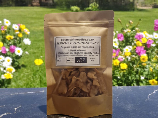 Package with Organic Galangal root dried and cut, an Herbal remedy