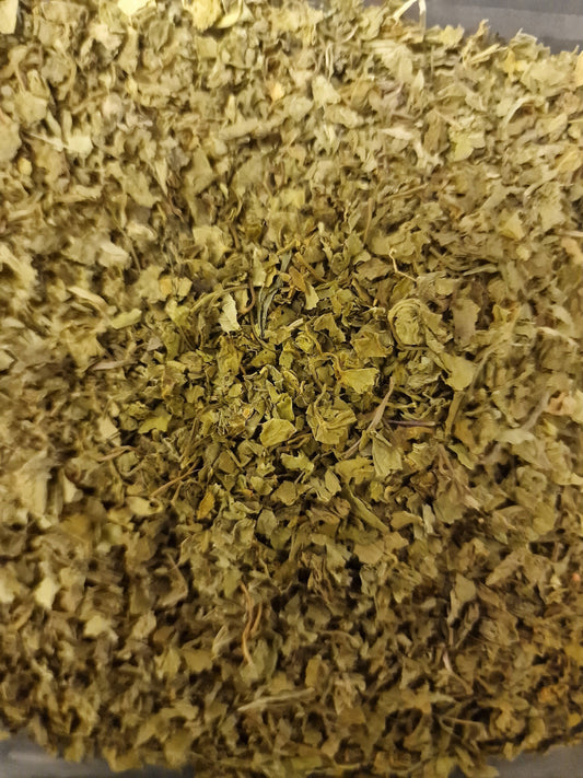 close up of dried and cut Gotu kola leaves, an loose herbal tea from Botanical remedies herbal dispensary