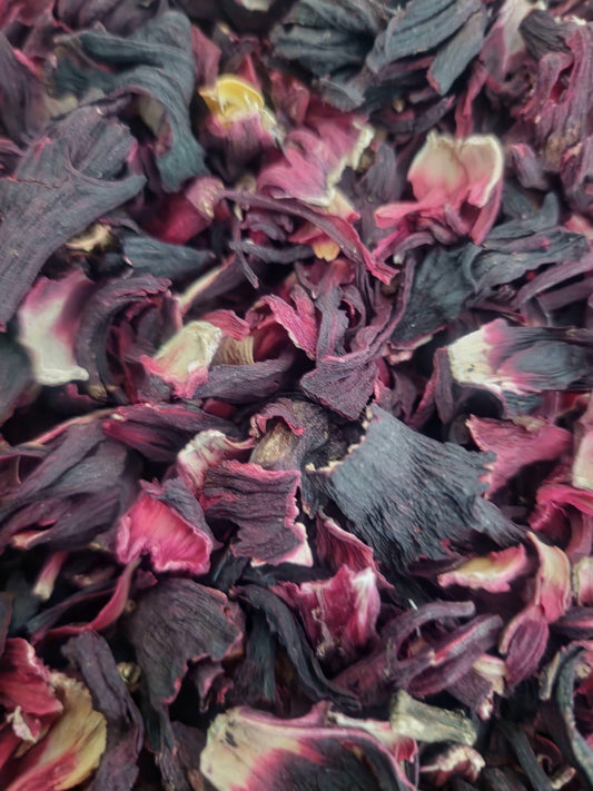close up of dried Hibiscus flowers, an loose herbal tea from Botanical Remedies herbal dispensary