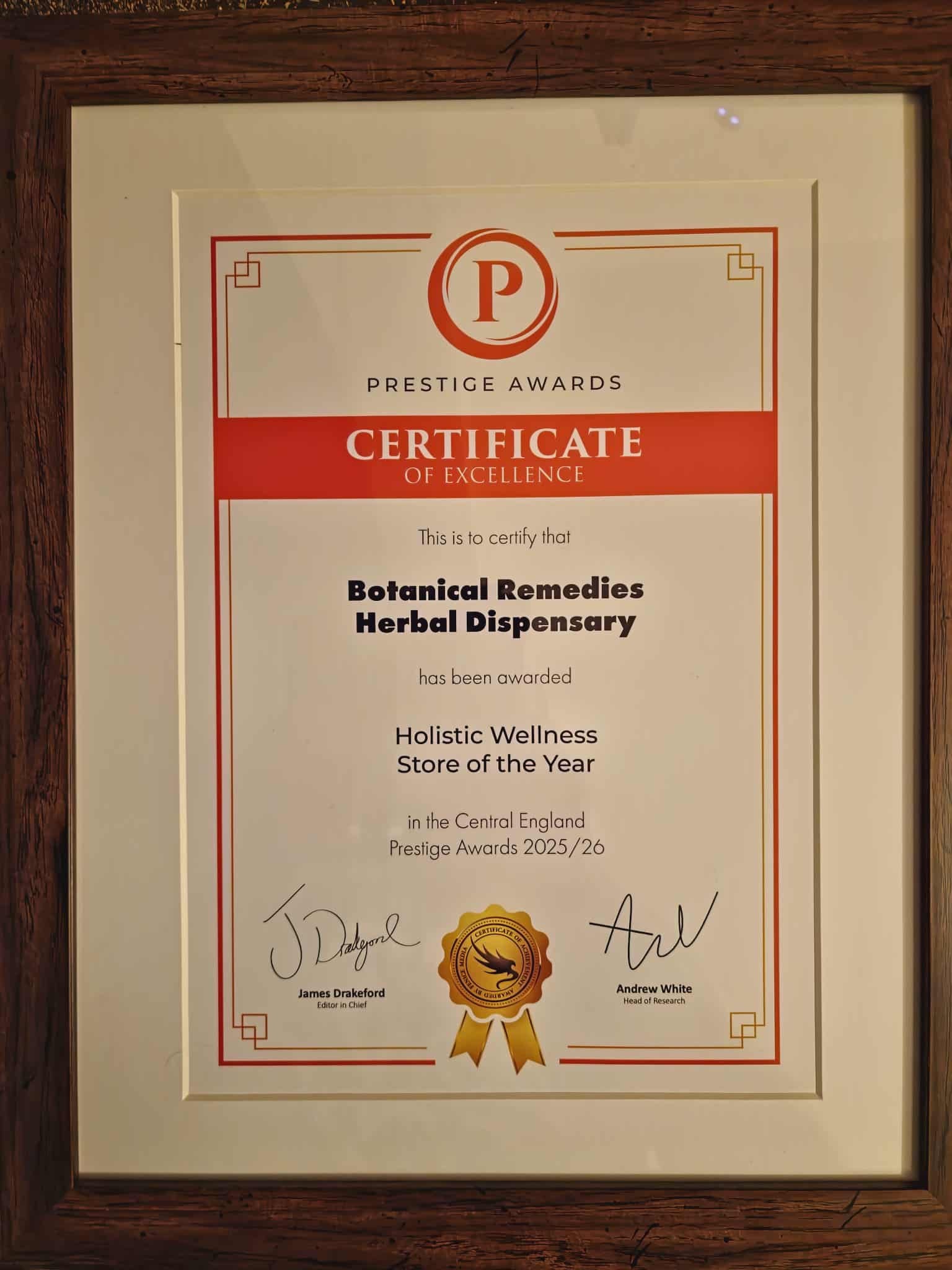 Framed certificate from Prestige Awards Holistic Wellness Store of The Year for Botanical Remedies Herbal Dispensary