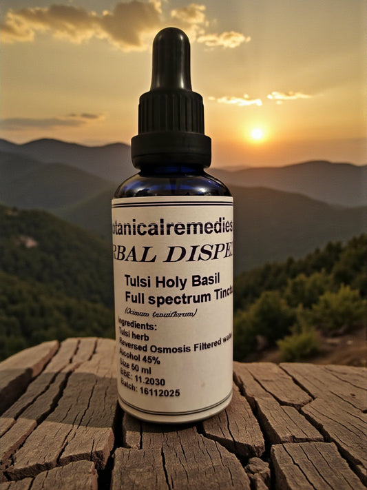 dropper bottle with Holy Basil Tulsi Full Spectrum Tincture, an triple extracted Tulsi by specialist from Botanical Remedies herbal Dispensary, an herbal Remedy and powerful adaptogen