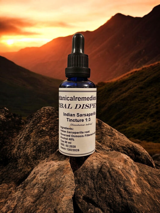 Dropper bottle with Indian Sarsaparilla Tincture (Anantamul), an herbal remedy from Botanical Remedies herbal dispensary