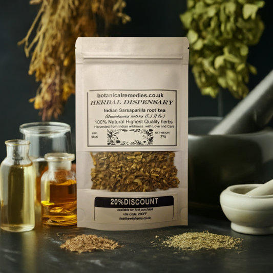 A paper bag of Indian Sarsaparilla root, dried and cut, an herbal remedy, loose herbal tea
