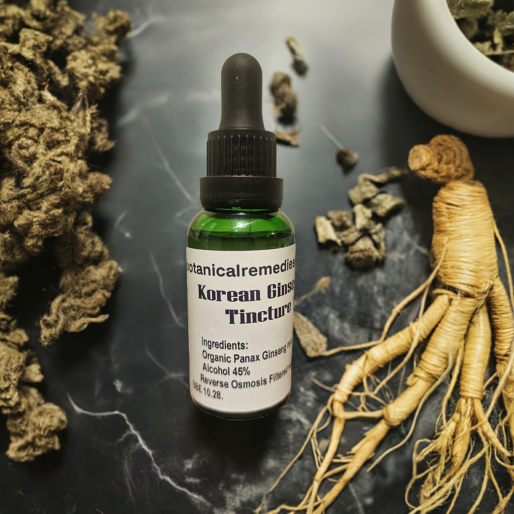 A dropper bottle of Korean Ginseng Tincture made from Organic panax ginseng root, an herbal remedy from Botanical remedies herbal dispensary