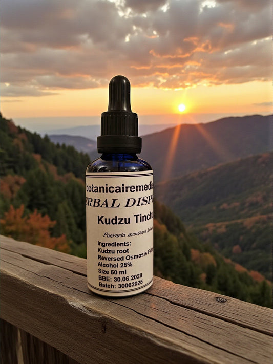 Dropper bottle with Kudzu Tincture, an herbal remedy from Botanical Remedies herbal dispensary