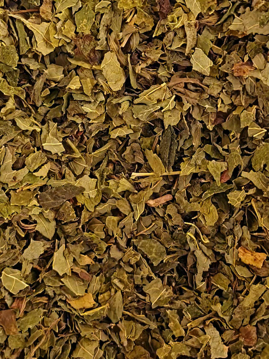 Close-up of dried Lemon balm leaves, an loose herbal tea from Botanical remedies herbal dispensary, traditional calming herbal remedy