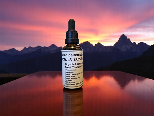 Bottle with Organic Lemon Balm Tincture, an herbal remedy