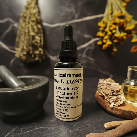 A bottle with dropper of Liquorice root tincture, an herbal remedy from Botanical Remedies herbal dispensary