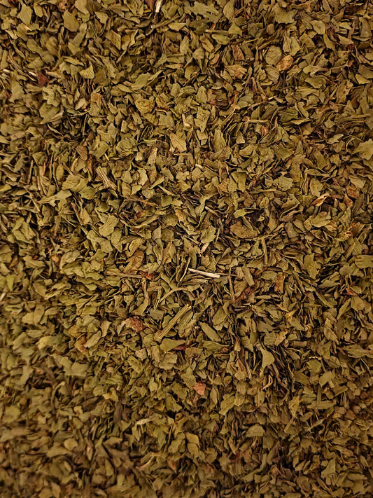 Close up of dried and cut Lovage leaves, an loose herbal tea from Botanical Remedies herbal dispensary
