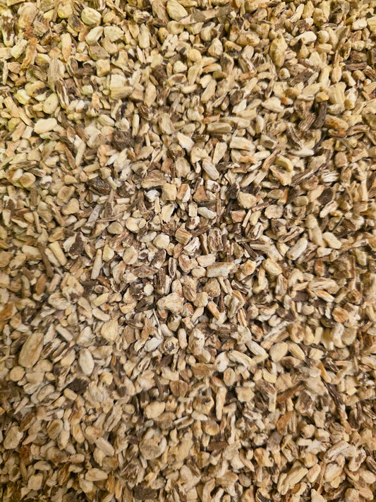 close up of dried and cut Lovage root, an herbal remedy from Botanical Remedies herbal dispensary, loose herbal tea
