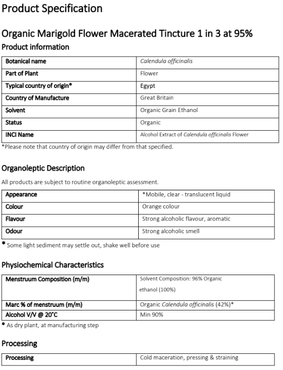 Organic marigold Tincture product specification