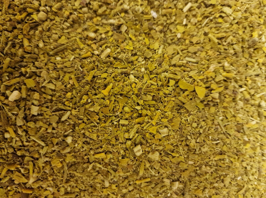 close up of Mistletoe herb dried and cut, loose herbal tea