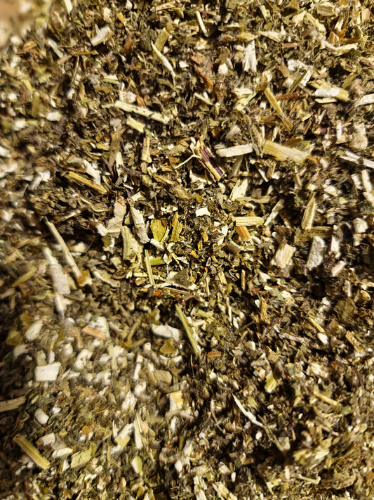 close up of dried and cut Motherwort herb, an loose herbal tea