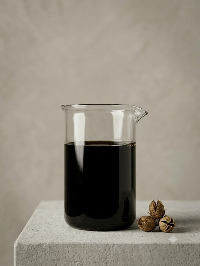 A glass laboratory beaker filled with dense, pitch-black Premium Mullein Leaf Glycerite Tincture 1:4 (Verbascum thapsus), demonstrating maximum physical extraction strength.