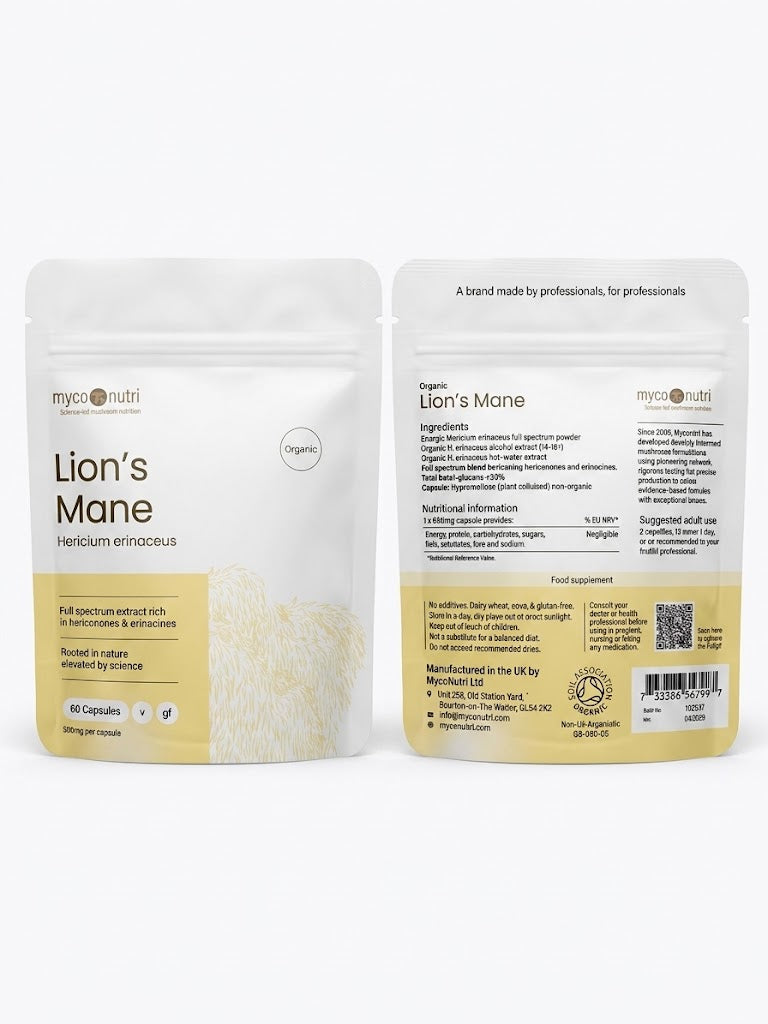 Front and back view of the MycoNutri Organic Lion's Mane 60 capsule pouch displaying full spectrum Hericium erinaceus extract details on a clean white background