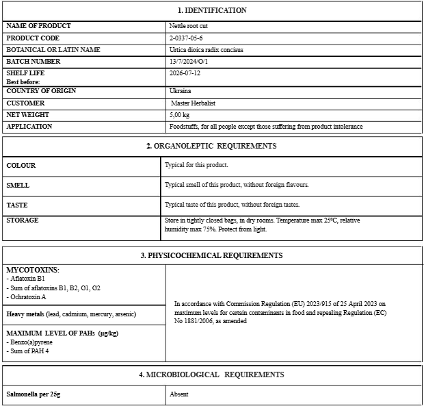 Certificate of analysis for Nettle root product, with details about Latin name, country of origin, microbiological, organoleptic and physiochemical details