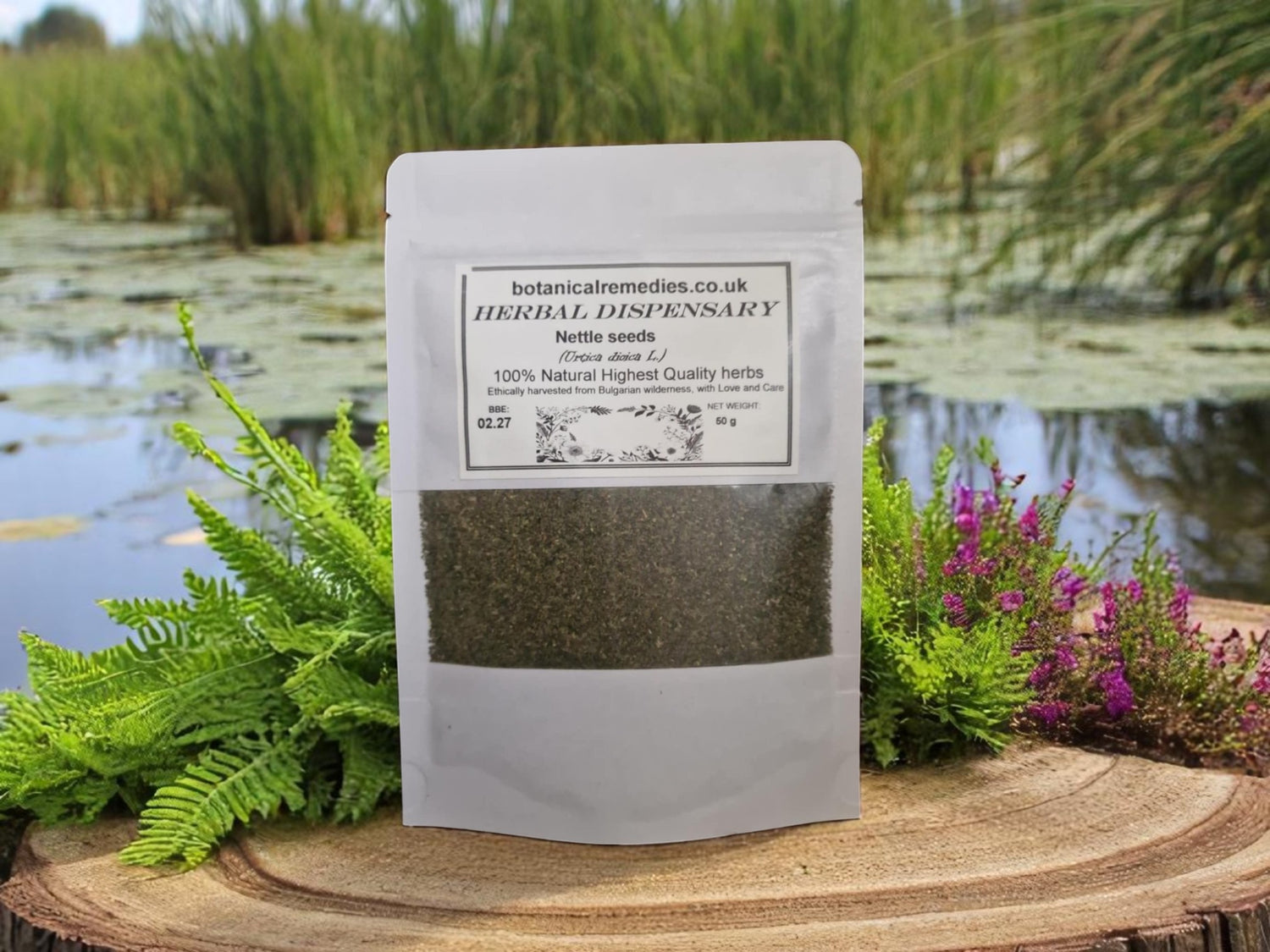 Package with nettle seeds, loose herbal tea, an herbal remedy