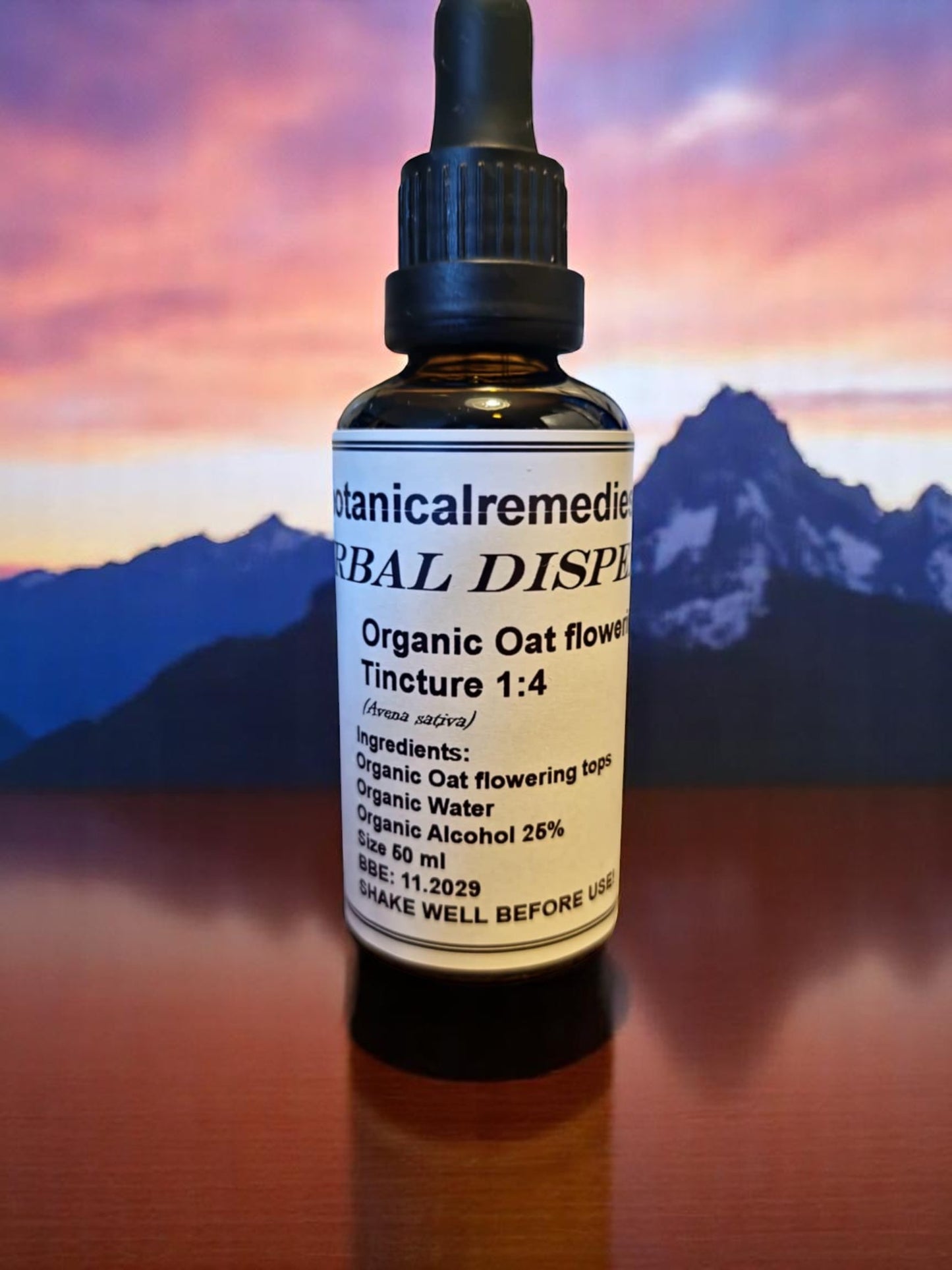 Bottle with  Organic Oat flowering tops tincture from Botanical Remedies herbal dispensary, an herbal remedy