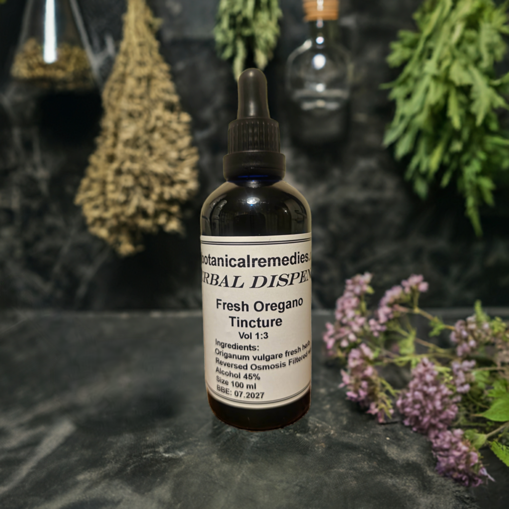 Dropper bottle with Oregano tincture made from fresh flowering herb, an herbal remedy from Botanical remedies herbal dispensary