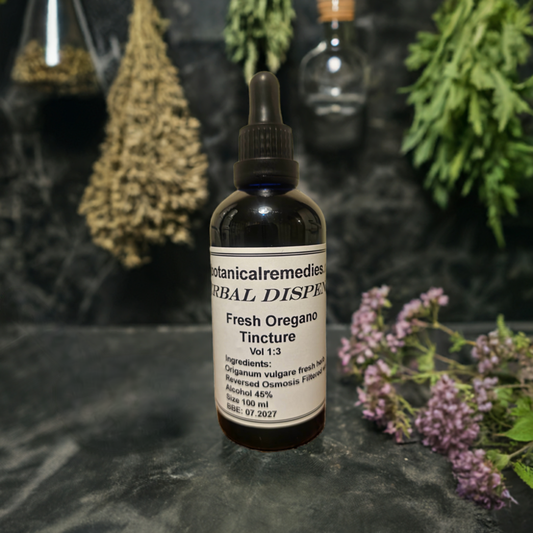 Dropper bottle with Oregano tincture made from fresh flowering herb, an herbal remedy from Botanical remedies herbal dispensary