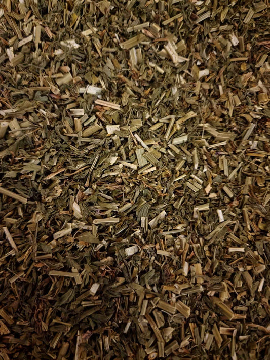 Close up of Organic Alfalfa herb, Medicago sativa , dried and cut, loose herbal tea, an herbal remedy