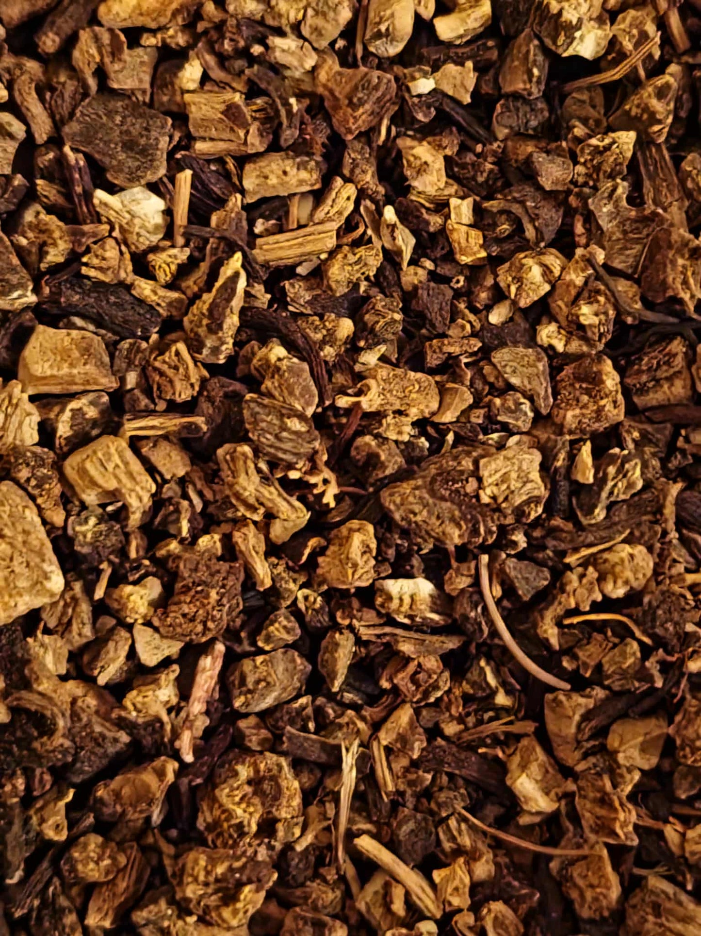 Close-up of dried pieces Organic Black Cohosh root from Botanical Remedies herbal dispensary, an herbal remedy, loose herbal tea