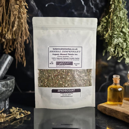 Package with Organic Blessed Thistle herb, dried and cut, an herbal remedy, loose herbal tea