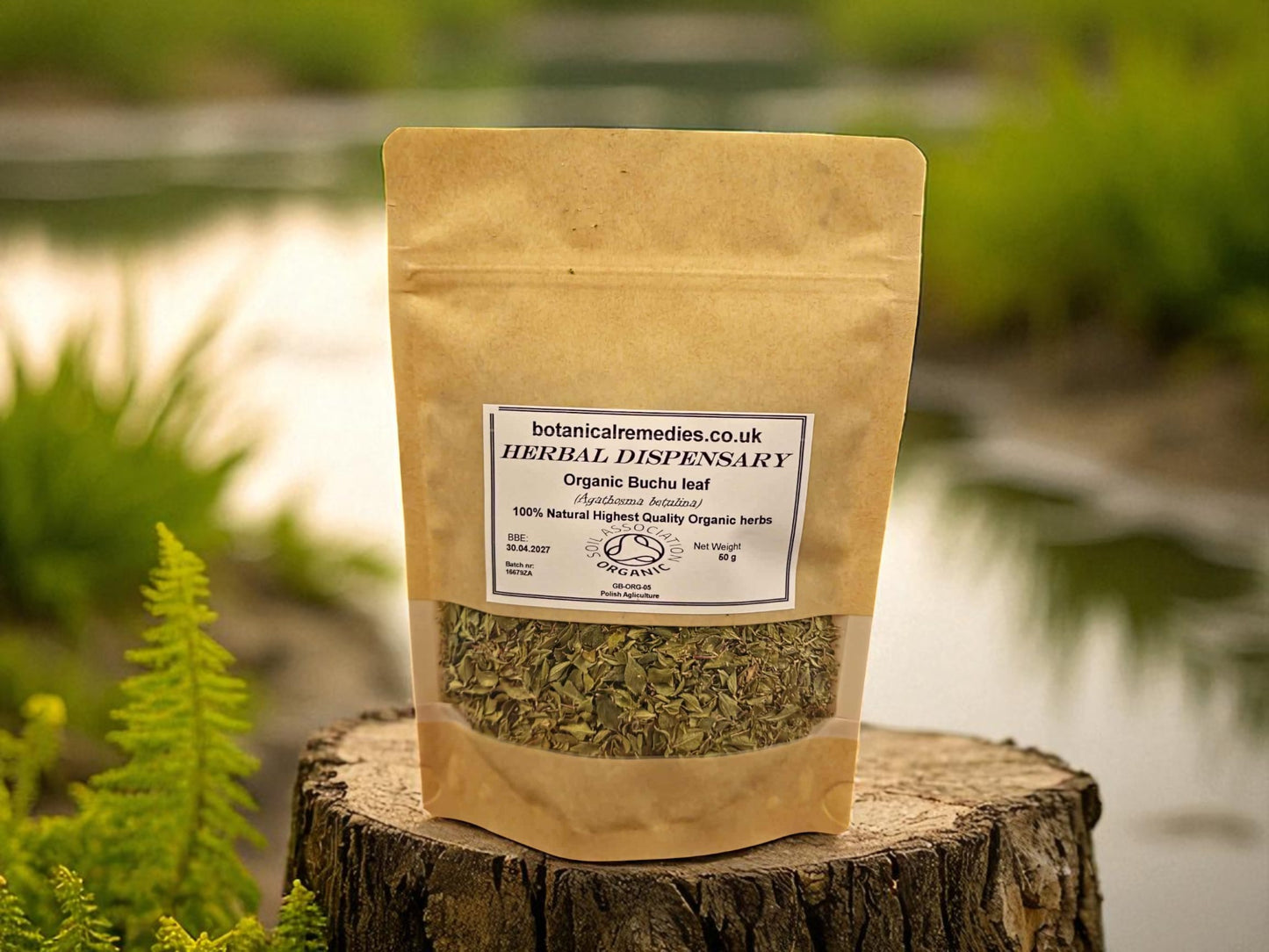 Package of organic Buchu leaf from Botanical Remedies herbal dispensary, an herbal remedy, loose herbal tea