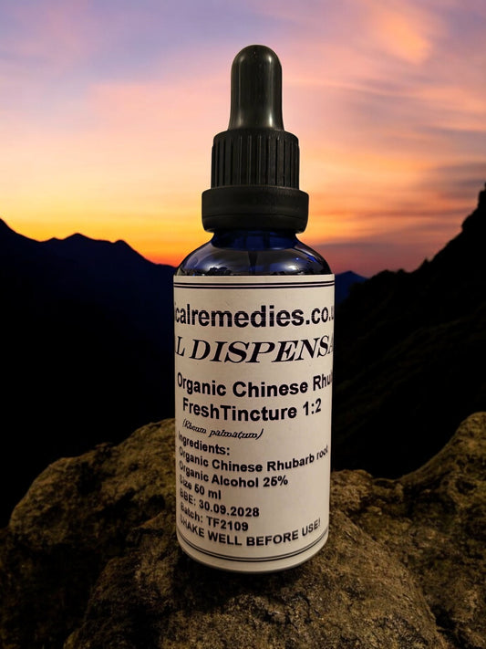 dropper bottle with Organic Chinese rhubarb tincture, an herbal remedy from Botanical Remedies herbal dispensary