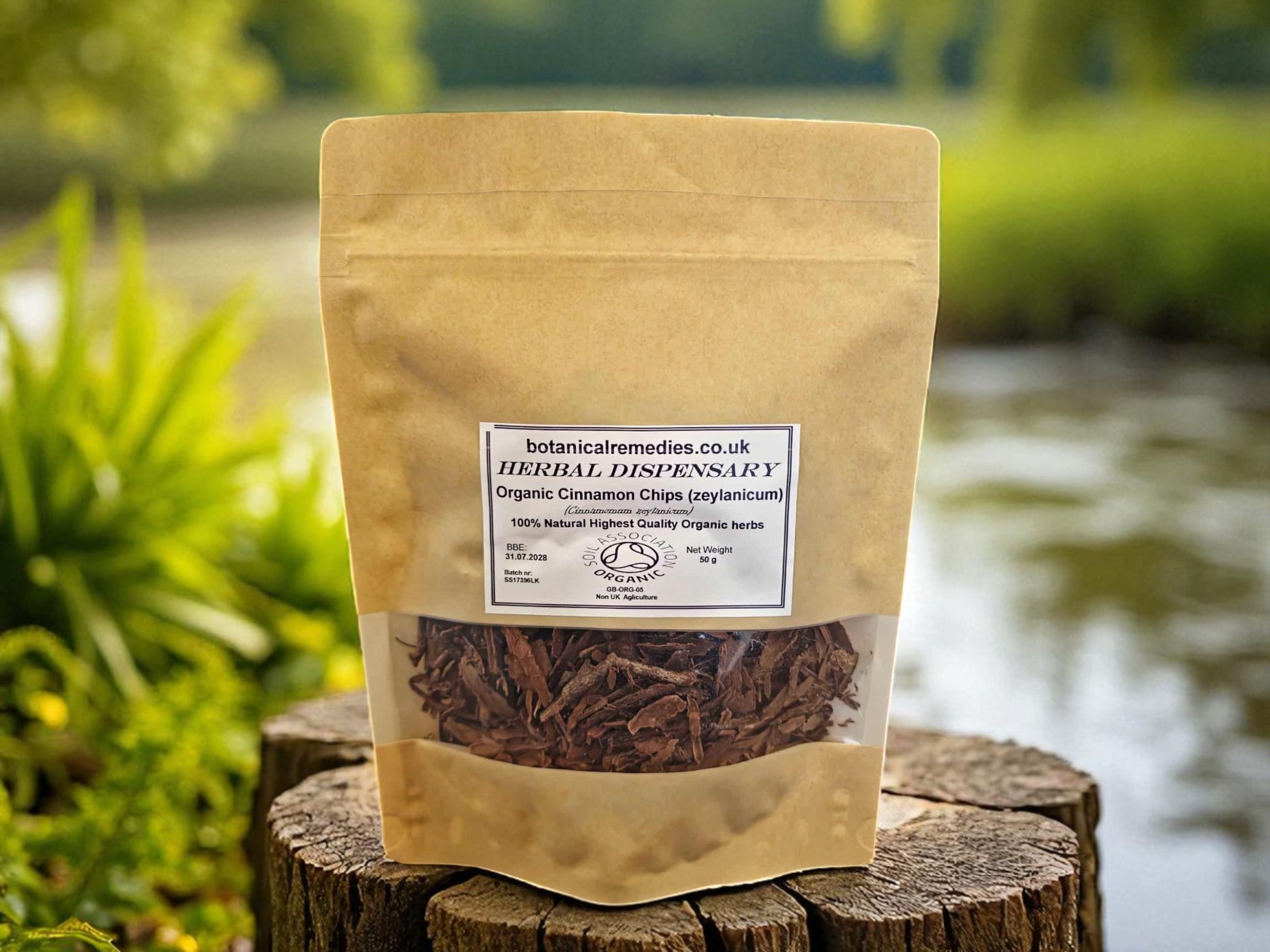 packaging with organic cinnamon chips from Botanical Remedies herbal dispensary, an herbal remedy, loose herbal tea