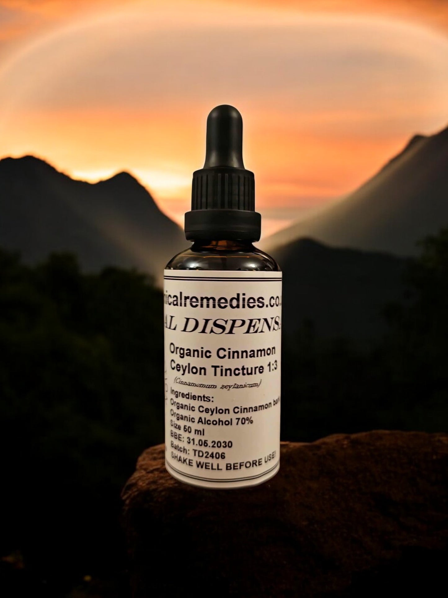 dropper Bottle of organic cinnamon Tincture from Botanical Remedies herbal dispensary, an herbal remedy