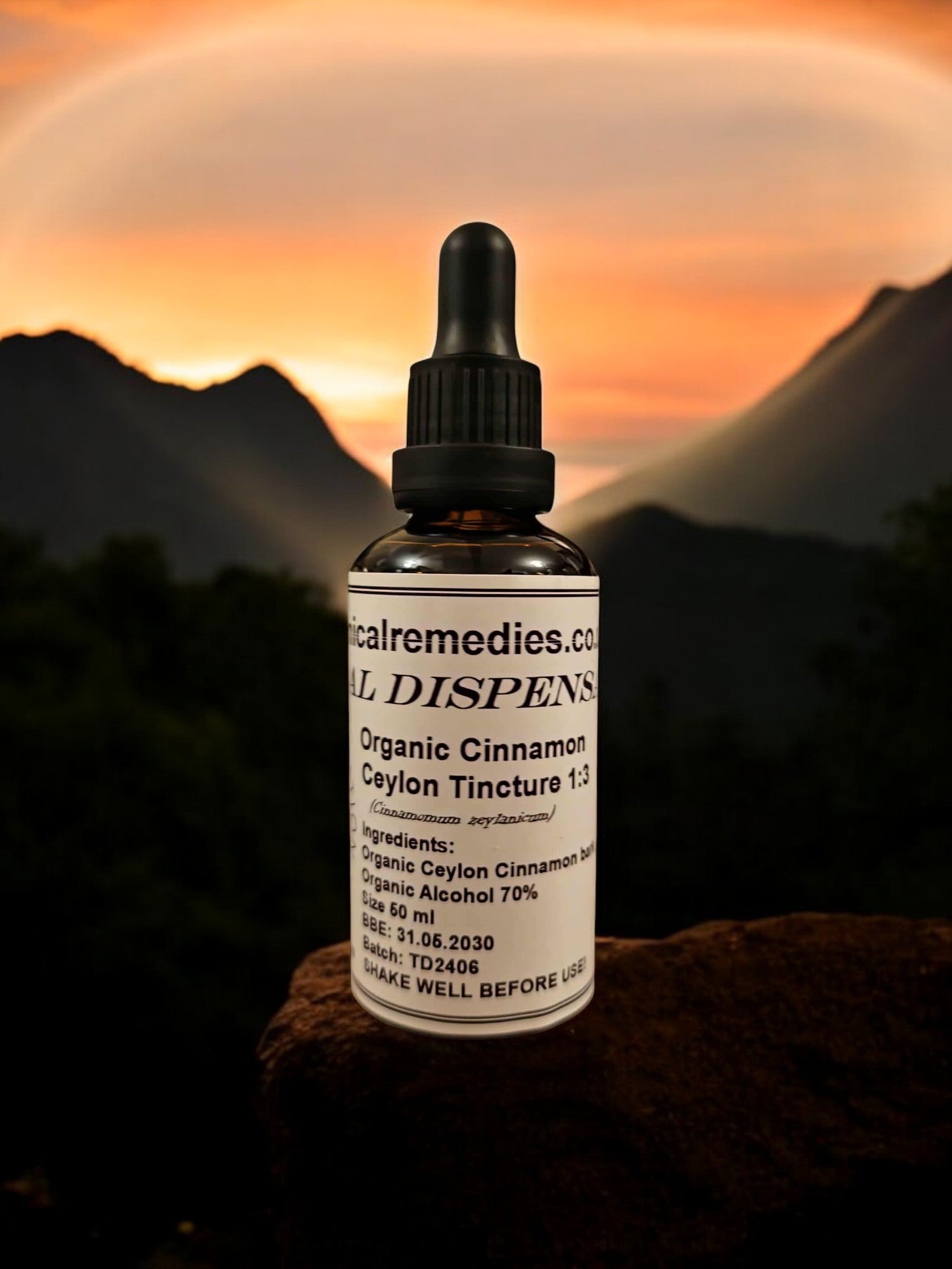 dropper Bottle of organic cinnamon Tincture from Botanical Remedies herbal dispensary, an herbal remedy