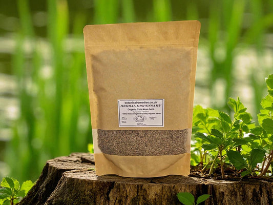 packaging with Organic Club Moss herb from Botanical Remedies herbal Dispensary, an herbal remedy, loose herbal tea
