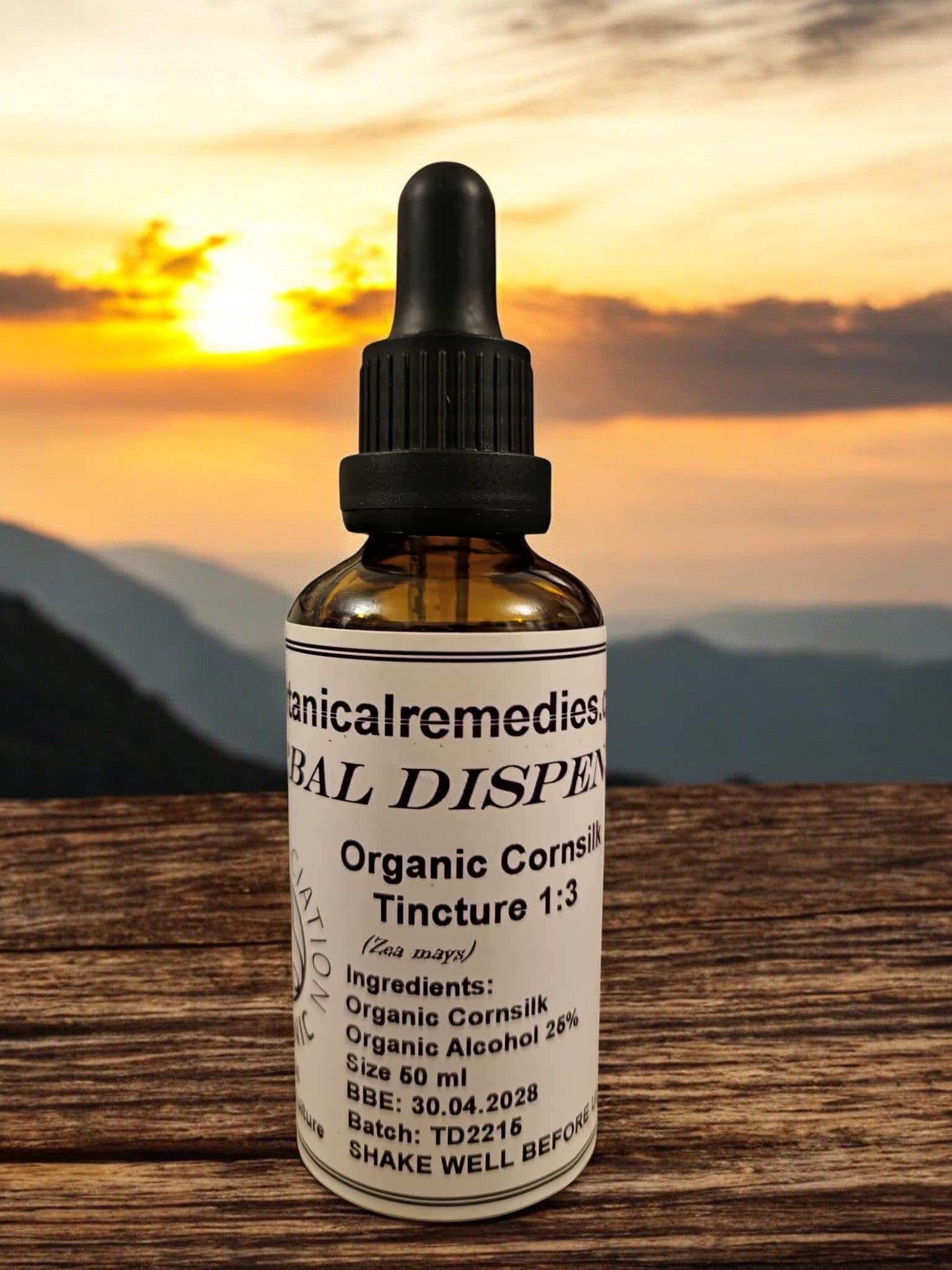 Bottle of Organic Corn Silk Tincture, an herbal remedy from Botanical Remedies herbal dispensary