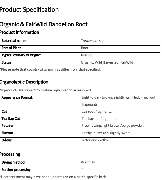 Organic Dandelion root product specification  sheet