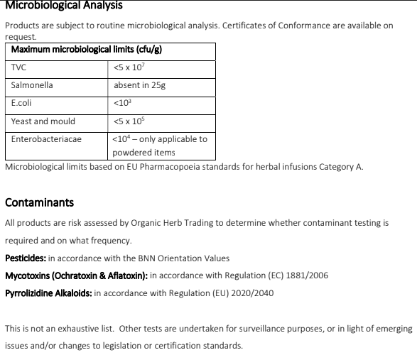 Organic Dandelion root product specification sheet part 2