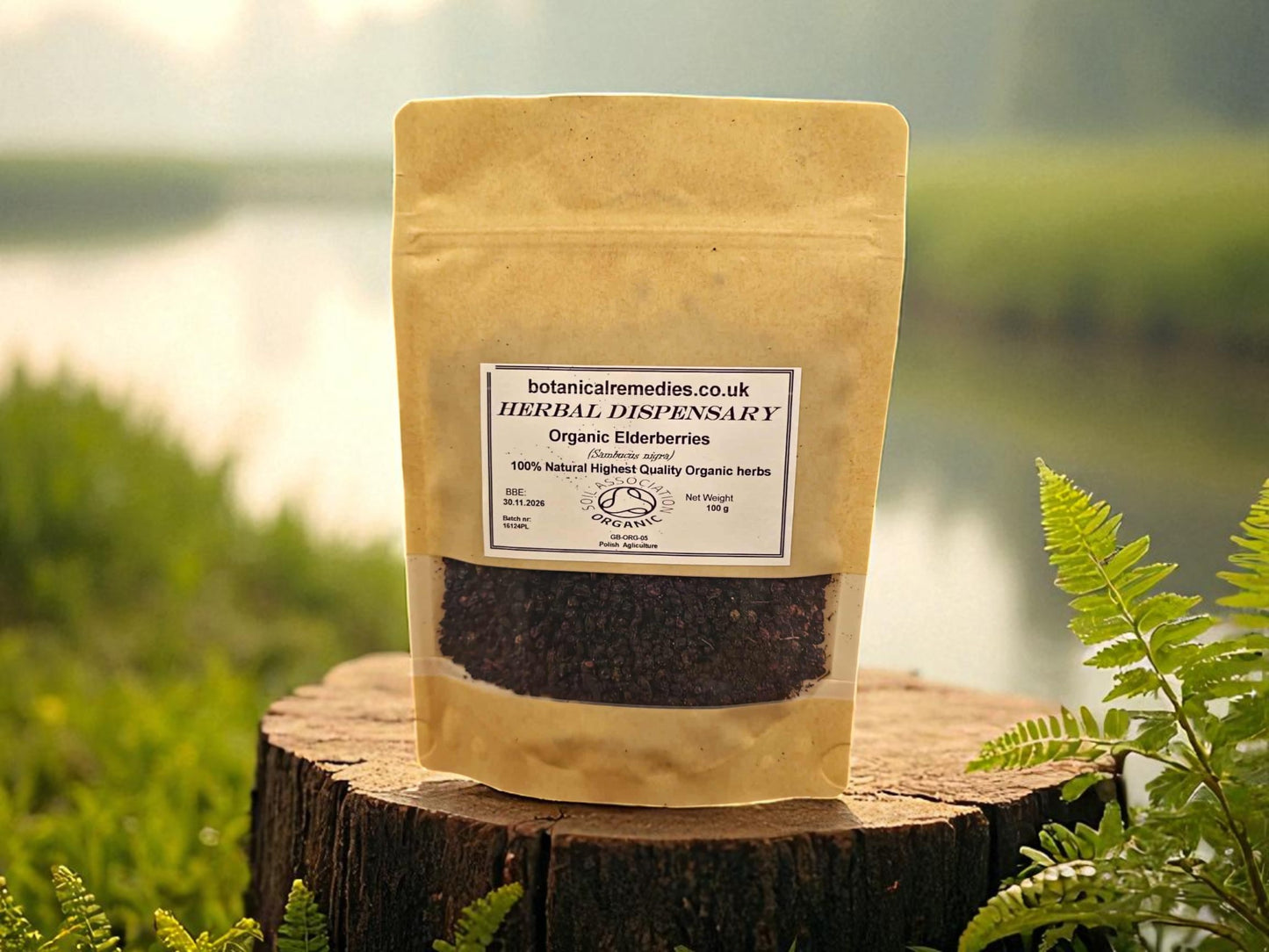 Bag of organic Elderberries from Botanical Remedies Herbal Dispensary, an herbal remedy, loose herbal tea