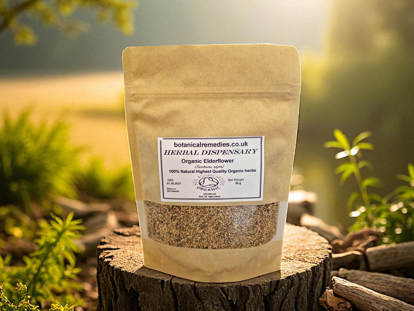 Package with Organic Elderflowers from Botanical Remedies herbal dispensary, an herbal remedy, loose herbal tea