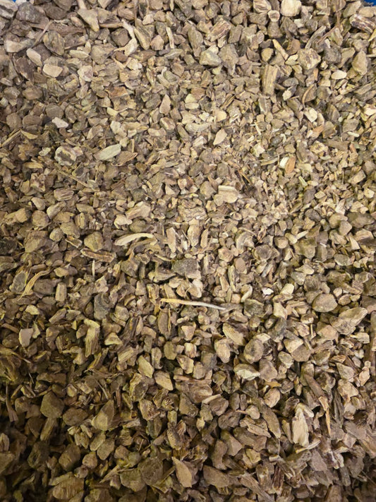 Close-up of a pile of dried and cut Organic  Elecampane root, an herbal remedy from Botanical Remedies herbal dispensary, loose herbal tea