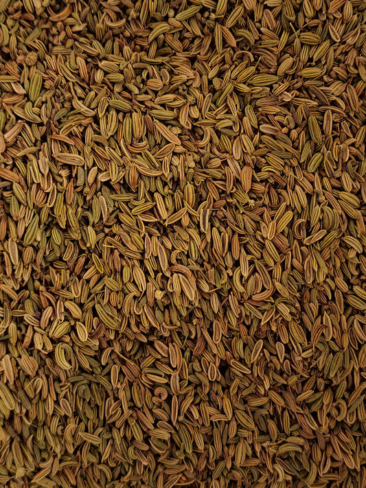 Close-up of Organic fennel seeds, an herbal remedy from Botanical remedies herbal dispensary, loose herbal tea
