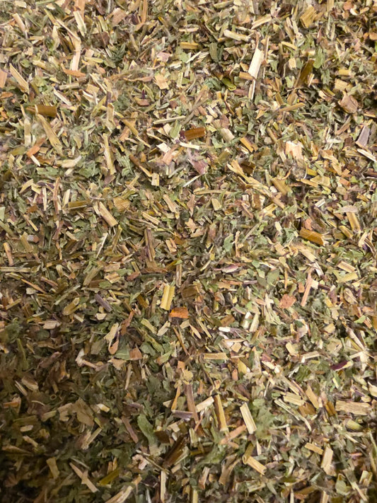 close up of dried and cut Organic Fireweed herb, an herbal remedy from Botanical Remedies herbal dispensary, loose herbal tea