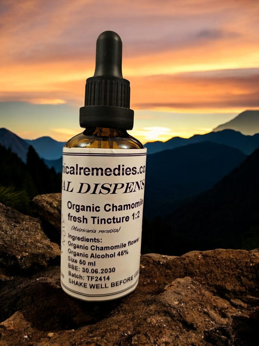 Bottle of organic German chamomile tincture from Botanical Remedies herbal dispensary, an herbal remedy