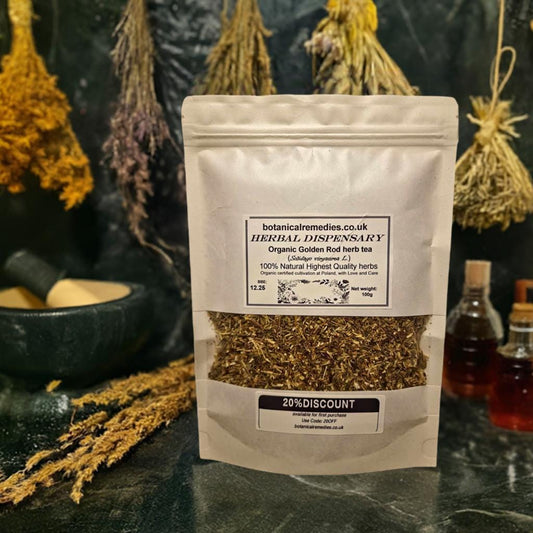 Package with Organic Goldenrod herb, dried and cut, loose herbal tea, an herbal remedy