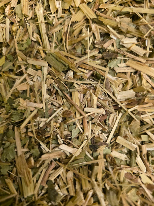 Close-up of dried and cut Organic Gumweed herb, an herbal remedy from Botanical Remedies herbal dispensary, loose herbal tea