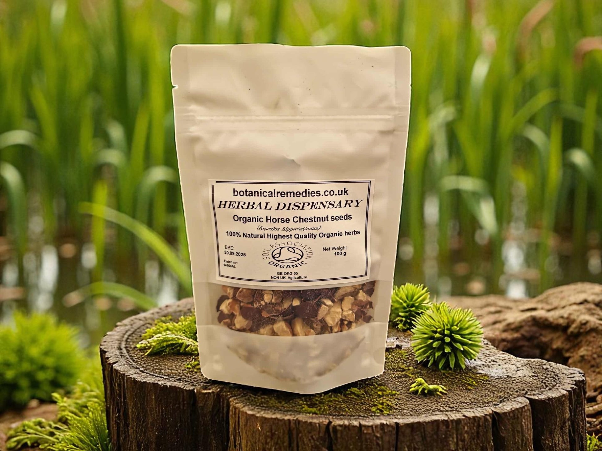 Bag of organic horse chestnut seeds from Botanical Remedies herbal dispensary, an herbal remedy, loose herbal tea