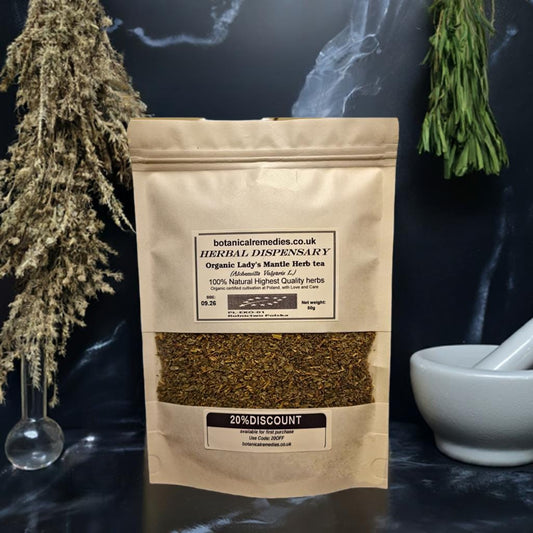 Package with Organic lady`s mantle her, loose herbal tea, an herbal remedy