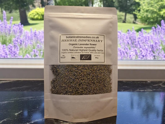 Package with Organic Lavender flowers dried (loose herbal tea), an herbal remedy